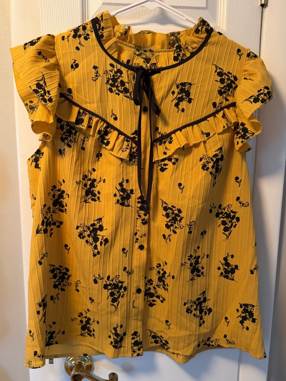 SHEIN Yellow Black Floral Ruffle Tie-Neck Blouse